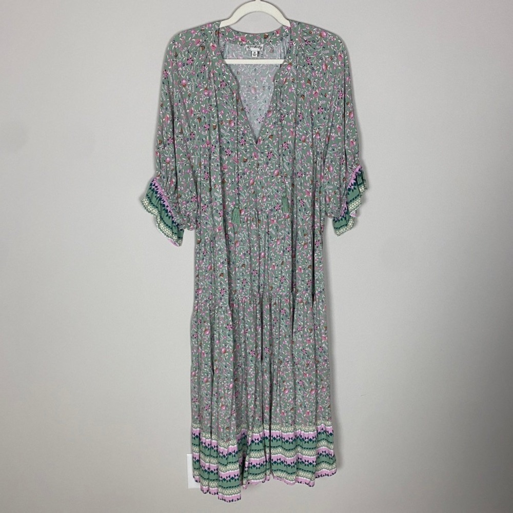 Wonderly Sage Green Floral Midi Dress with Pink Trim